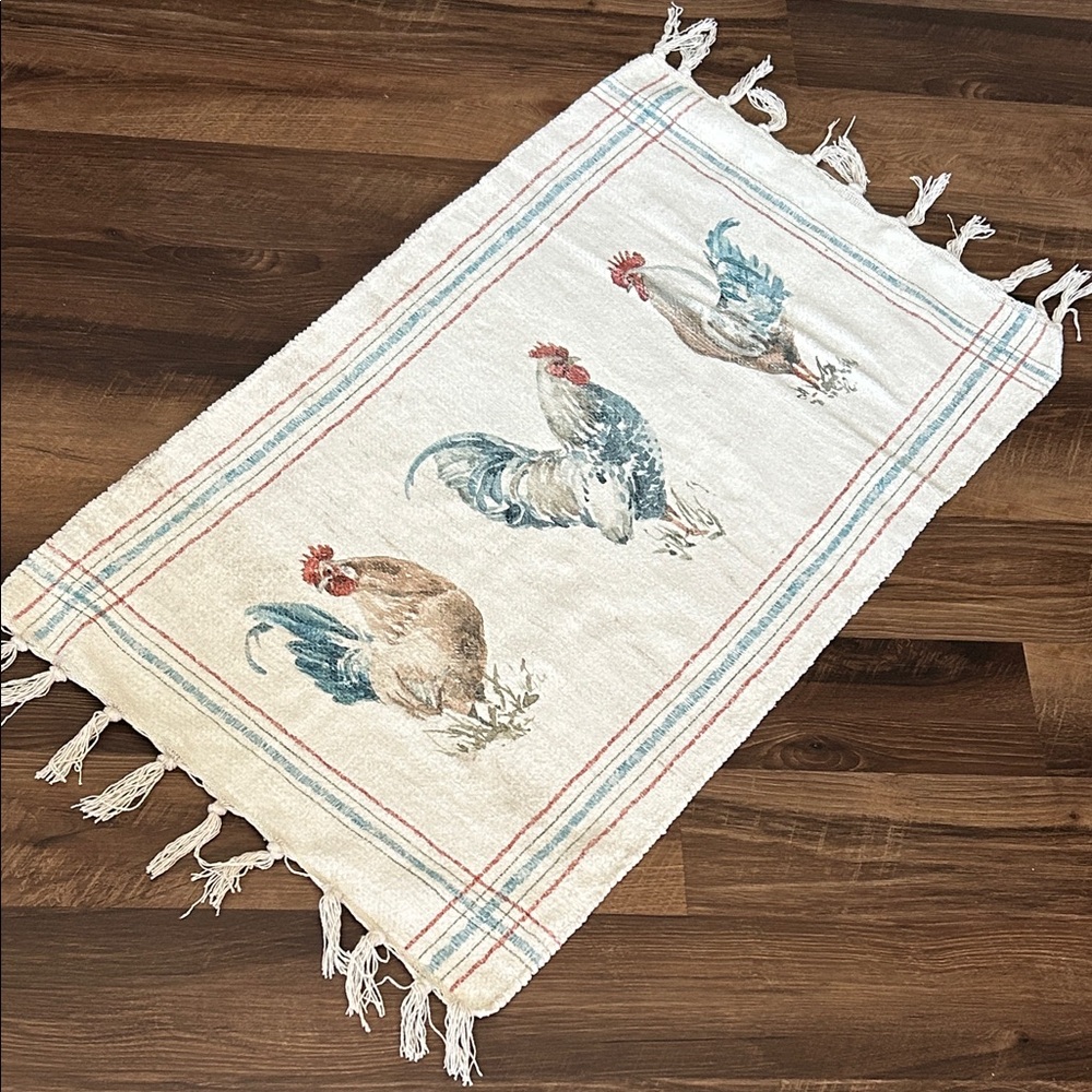 NEW! Shabby Chic Cottage Farmhouse Rooster Chicken Woven Tassel Rug